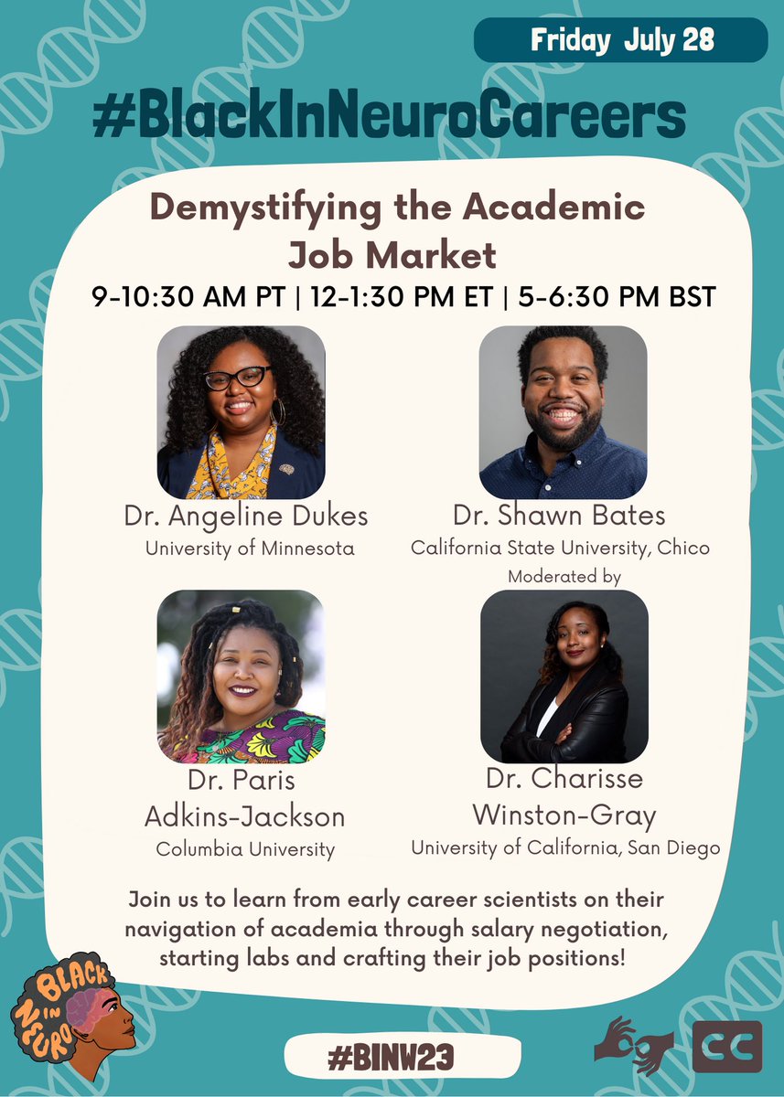 Black In Neuro values the career advancement of our community 🌐. For #BlackInNeuroCareers our first event will be a panel discussion with early career faculty members, to Demystify the Academic Job Market. 🧵(1/3)