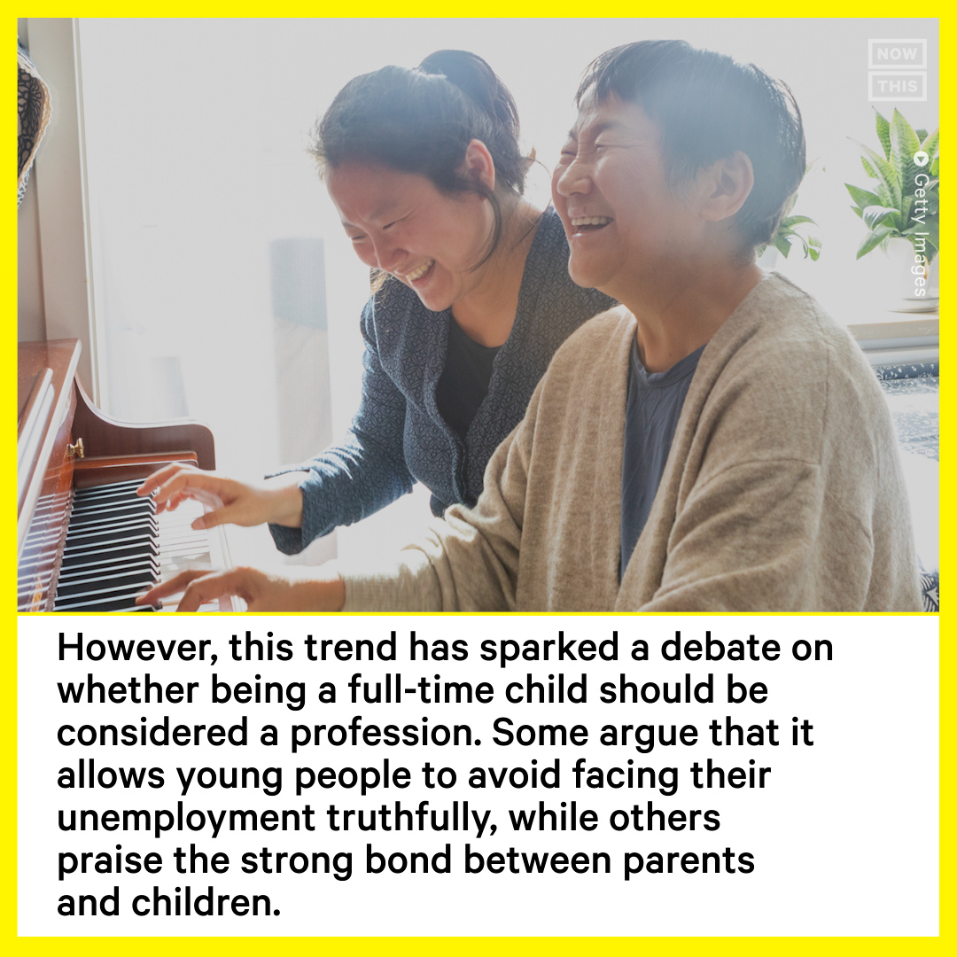 nowthisimpact's tweet photo. Referred to as 'full-time children,' the phenomenon has garnered significant attention on social media platforms like Xiaohongshu, which is China's most popular lifestyle sharing app. Hashtags such as #FullTimeChildren, #FullTimeDaughter, and #FullTimeSon are widely in use. https://t.co/oB1DJ3Vlkj