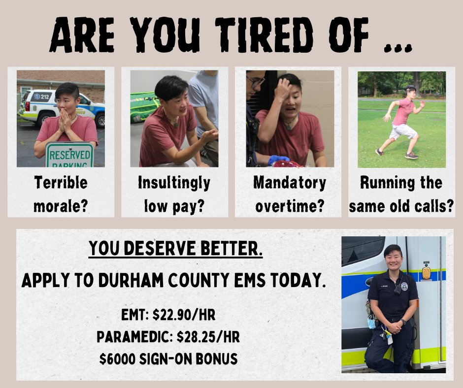 You deserve to work for an EMS agency that respects you. Join Durham County EMS today. 

Apply here:
Full-Time Paramedic: careers.dconc.gov/job/Durham-PAR…

Full-Time EMT: careers.dconc.gov/job/Durham-EMT…