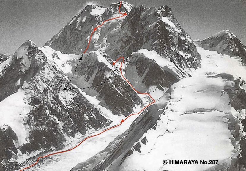 Tirich Mir 7,708m - First ascent of the north face

Kazuya Hiraide and Kenro Nakajima (⬇️photo of their rute) 

“The north wall seemed to be surrounded by fortresses.”
K. Hiraide.

All the legends on Tirich Mir are true🥰