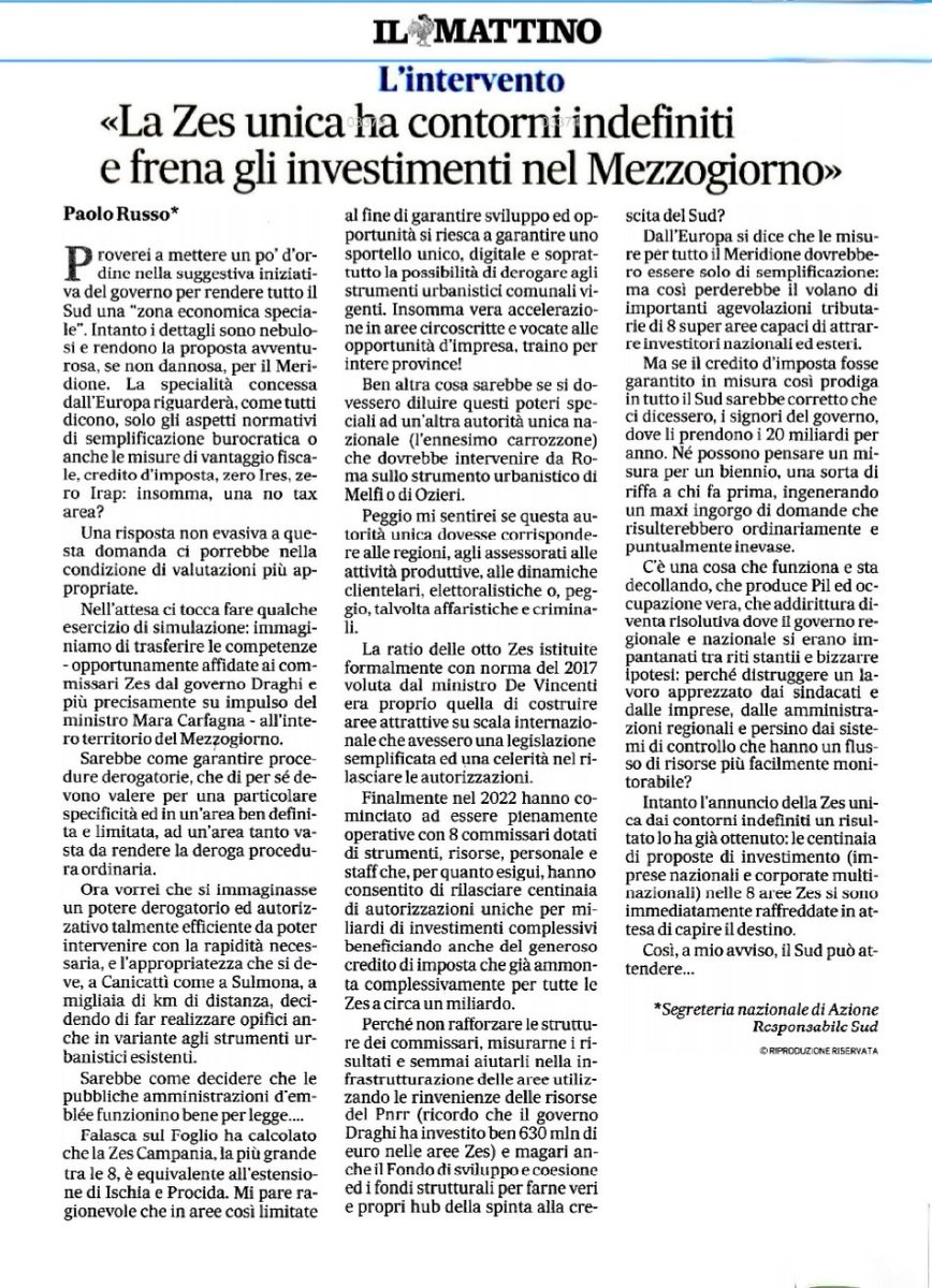 L’idea di una #Zes unica al #Sud è suggestiva ma difficilmente praticabile e col rischio di essere controproducente, come ben spiega <a href="/_PaoloRusso_/">Paolo Russo</a> sul <a href="/mattinodinapoli/">Il Mattino</a>. Il governo sostenga piuttosto le attuali Zes, che dopo il rilancio del governo #Draghi stanno funzionando bene.