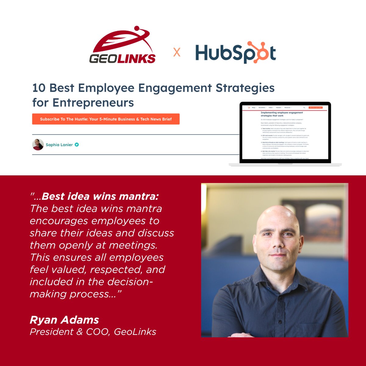 Great article by <a href="/SaphiaLanier/">Saphia Lanier 🦄</a> featuring insights from our client Ryan Adams' of <a href="/Geolinks_usa/">GeoLinks</a> on "10 Best #EmployeeEngagement Strategies for Entrepreneurs. What strategies have you found successful in cultivating a positive #companyculture?

Article: bit.ly/3Ye2aPk