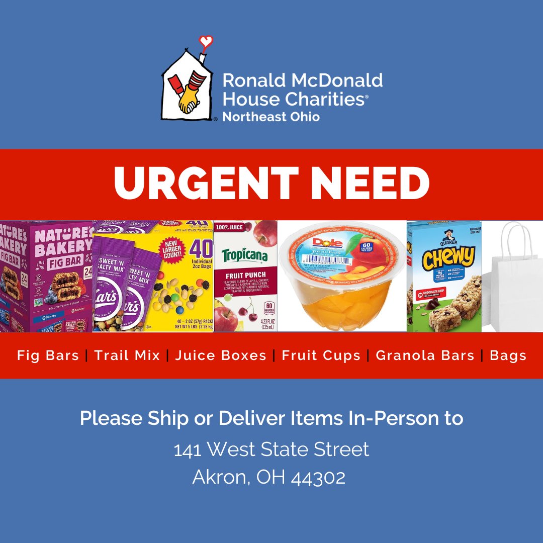 RMHC Northeast Ohio (@rmhcneo) on Twitter photo URGENT NEED! 🚨 We're in need of the following items for our breakfast bags for families at our Akron Ronald McDonald House:
- Nature’s Bakery Fig Bars
- Trail Mix
- Juice Boxes
- Fruit Cups
- Granola Bars
- Bags
View our Amazon Wish List at amazon.com/hz/wishlist/ls… URGENT NEED! 🚨 We're in need of the following items for our breakfast bags for families at our Akron Ronald McDonald House:
- Nature’s Bakery Fig Bars
- Trail Mix
- Juice Boxes
- Fruit Cups
- Granola Bars
- Bags
View our Amazon Wish List at amazon.com/hz/wishlist/ls…