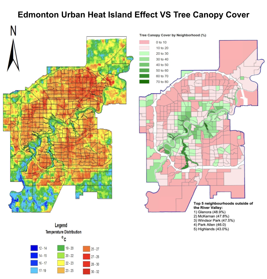 Edmonton neighbourhoods with greater tree canopy coverage are cooler on hot days.

Edmonton Urban Heat Island (2021 Snapshop) next to Tree Canopy Cover (2012 Data)

Via <a href="/Shrubscriber/">Shrubscriber</a>

#yegcc #yegtrees #yeg #yegwx