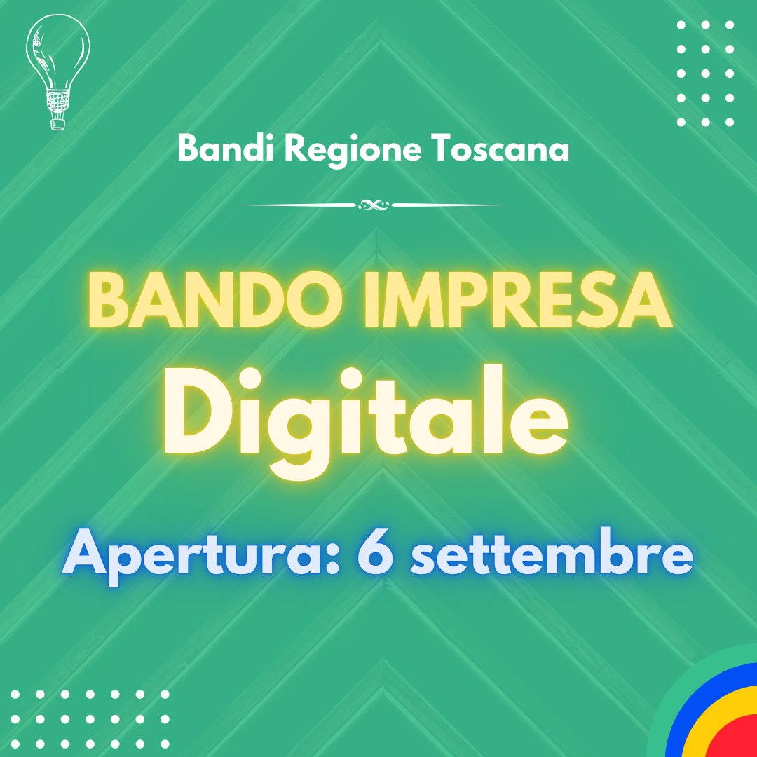 Apre il 6 settembre la piattaforma per presentare progetti a valere sul bando Impresa Digitale della Regione Toscana: contributi a fondo perduto per la digitalizzazione, la sostenibilità, la sicurezza nelle MPMI.
Vuoi saperne di più?
𝗜𝗻𝘃𝗶𝗮𝗰𝗶 𝘂𝗻 𝗺𝗲𝘀𝘀𝗮𝗴𝗴𝗶𝗼!
