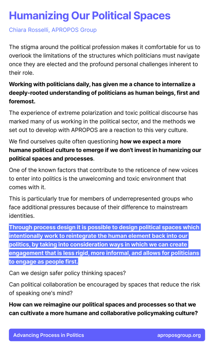 aproposting's tweet photo. Are we willing to invest in humanizing our political spaces?
And why should we?
#PoliticalProcessDesign https://t.co/TUXd0rTjhO