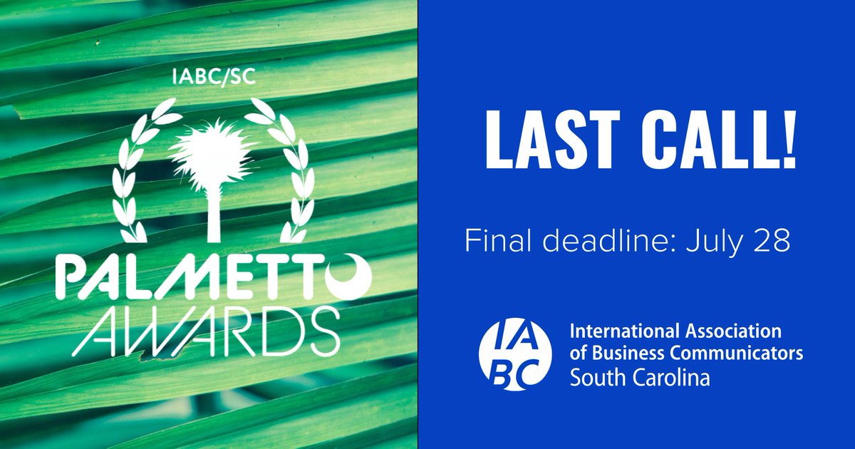 It's not too late! Send us your submissions for the #IABCSC #2023PalmettoAwards by 5 p.m. today to be considered. Winners will be recognized at a ceremony in September. We can't wait to see your best work this year! Submit now: sc.iabc.com/palmetto-award…