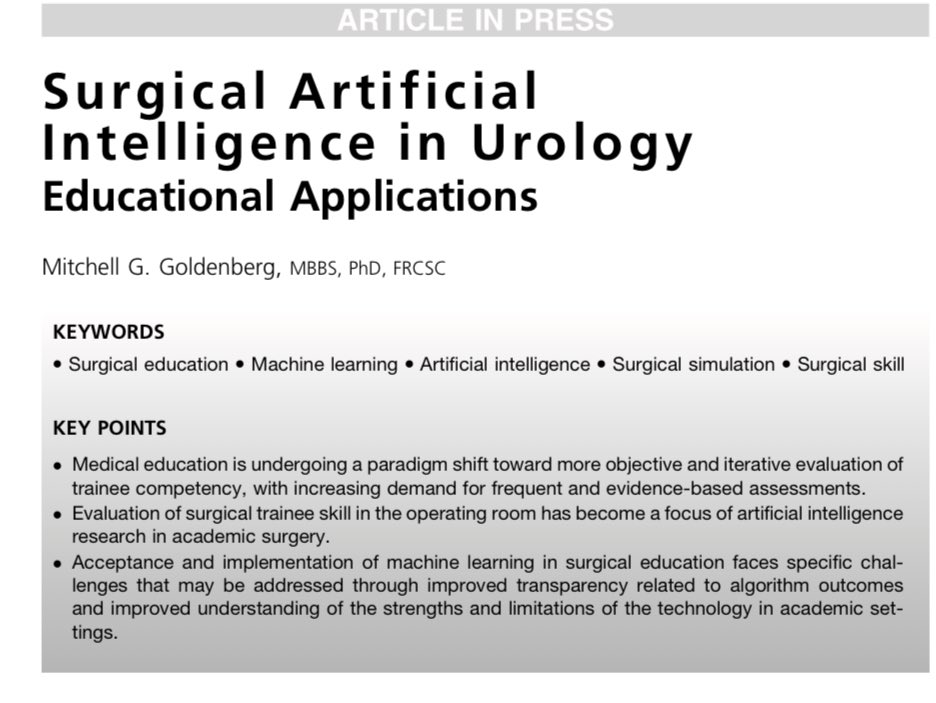 🏥 Medical education is evolving, embracing objective &amp; evidence-based assessments for trainee competency. 

🤖#AI research in academic surgery is honing in on evaluating surgical trainee skills in the OR.

Kudos to <a href="/mitchgoldenberg/">Mitch Goldenberg MBBS PhD</a> <a href="/USC_Urology/">USC Urology</a> <a href="/Urology_AI/">AI Center at USC Urology</a> #uroAI
#surgicalAI