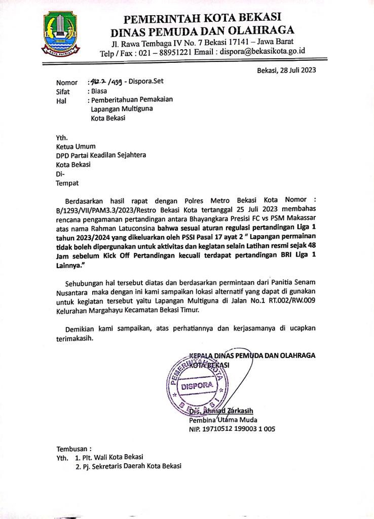 mas_triadhianto's tweet photo. Harusnya sy lebih teliti lagi dan kurang mendapat informasi lebih ketika menandatangani pemakaian std.PCB utk penyelenggara acara senam, karna ternyata hari yg digunakan bentrok dgn liga 1.

Adapun pemkot Bekasi menawarkan solusi lokasi lain dan sudah dibuatkan surat izinnya. https://t.co/Ux8THyafnI