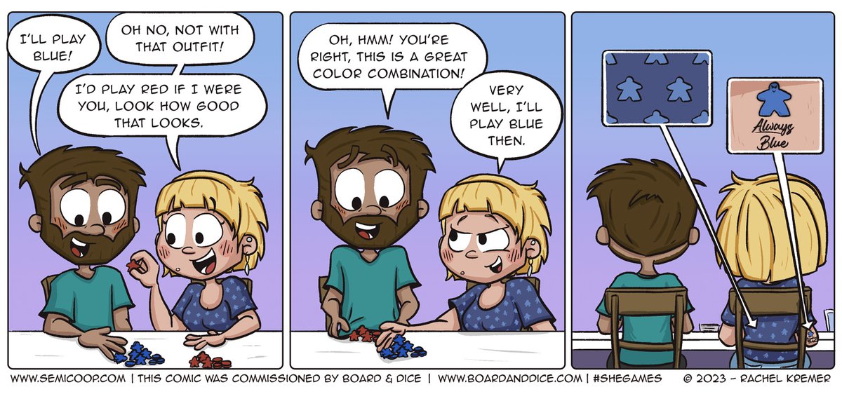 semicoop's tweet photo. New #shegames comic, thanks to @BoardAndDice! โค๏ธ What is -your- player color and yours alone? ๐
For more comics in this series, check out https://t.co/5one4fK4bq #boardgames https://t.co/WS9ZP2q5cA