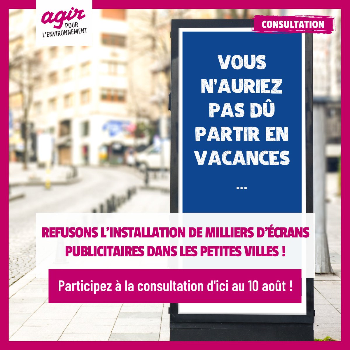 🤡 Le gouvernement parie sur l’indolence des vacanciers pour lancer une consultation visant à autoriser l’installation de milliers d’écrans publicitaires dans les petites villes.

Exprimez votre avis ➡️ lc.cx/rR-0ky
👉 Nous vous proposons un texte type à copier !