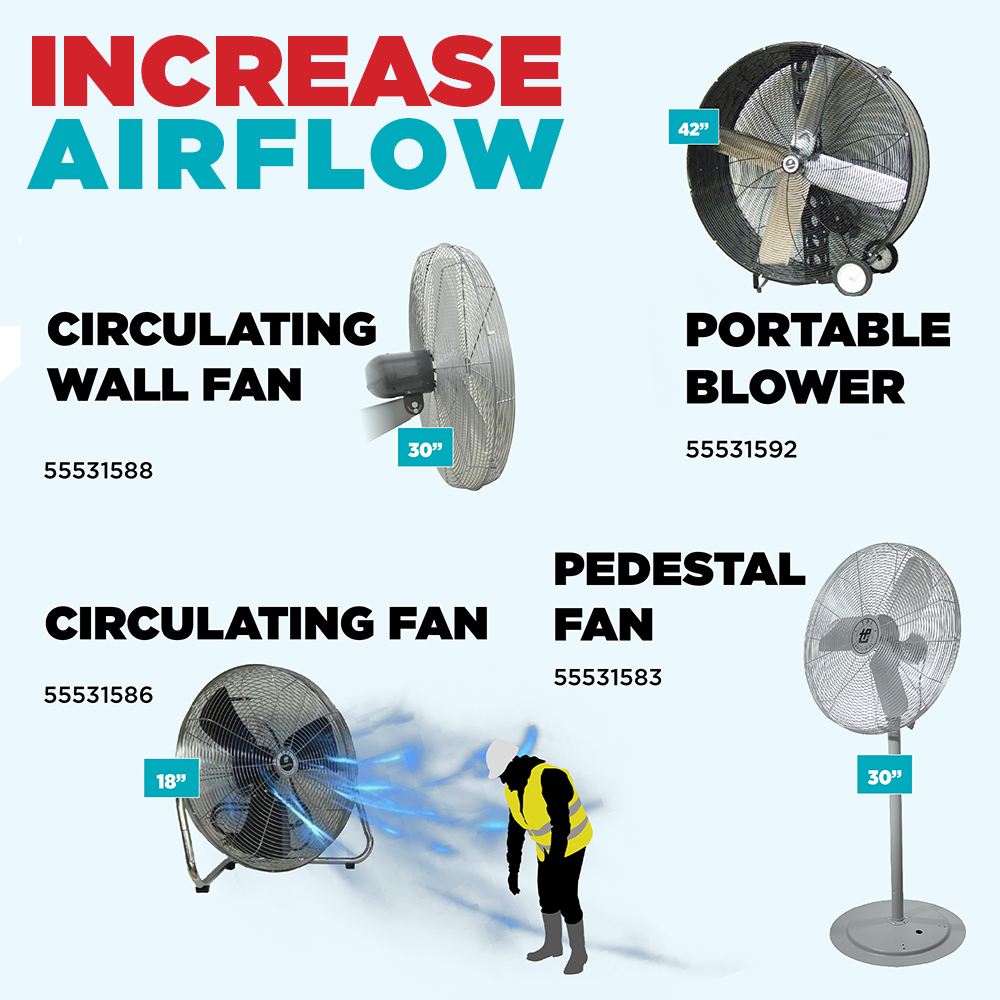 Beat the heat with high-quality fans for your job site!
Call your local Brafasco, Brock White or NCA representative today to learn more about our air circulation products!