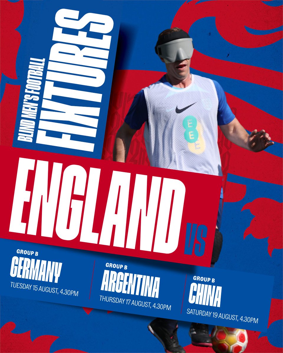 England's tweet photo. Our England Blind men’s team will be up against Germany, Argentina and China in Group B at the @IBSAGames2023, with games to be played at the University of Birmingham.

Find out more here: https://t.co/I6NLHAUPE6 https://t.co/9cUsCpxOQL