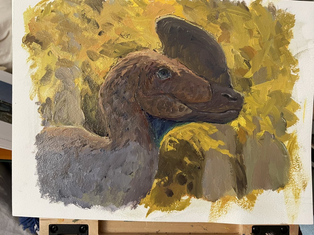 Now you can see me go too thick with the paint at first and scramble to bring back the structure from the drawing. Fun using oils for more personal work- love the edge variety you get with the medium! 