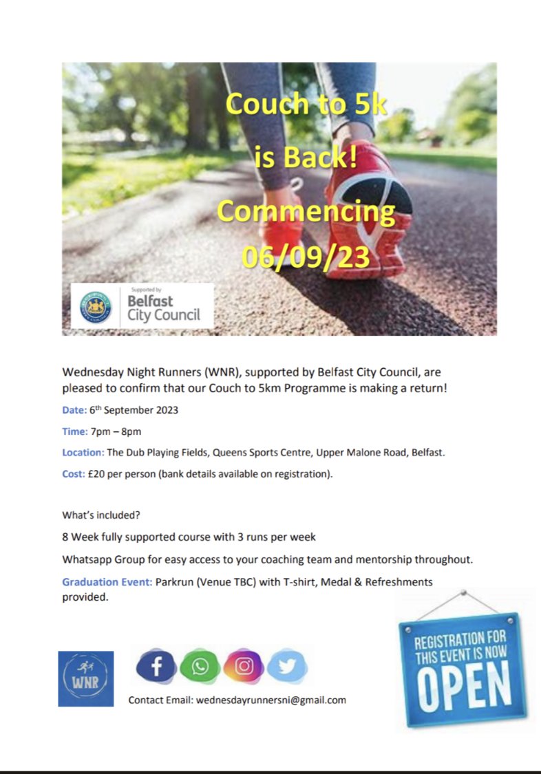WNR_BELFAST's tweet image. We are absolutely delighted to announce that Registration is now open for our September Couch to 5km programme.

We would be grateful for all likes and shares and of course, all registrations 🤗

#couch25k 
#yesyoucan 
#believeinyourself 
#shareme