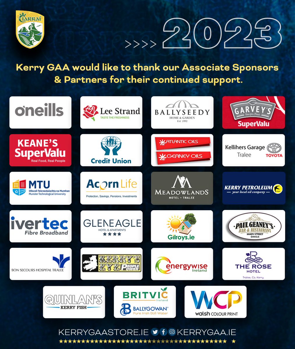 Kerry_Official's tweet photo. Kerry GAA would like to thank our Associate Sponsors 
&amp; Partners for their continued support. 

#WeAreKerry #CiarraíAbú https://t.co/DJs7rJVnOU
