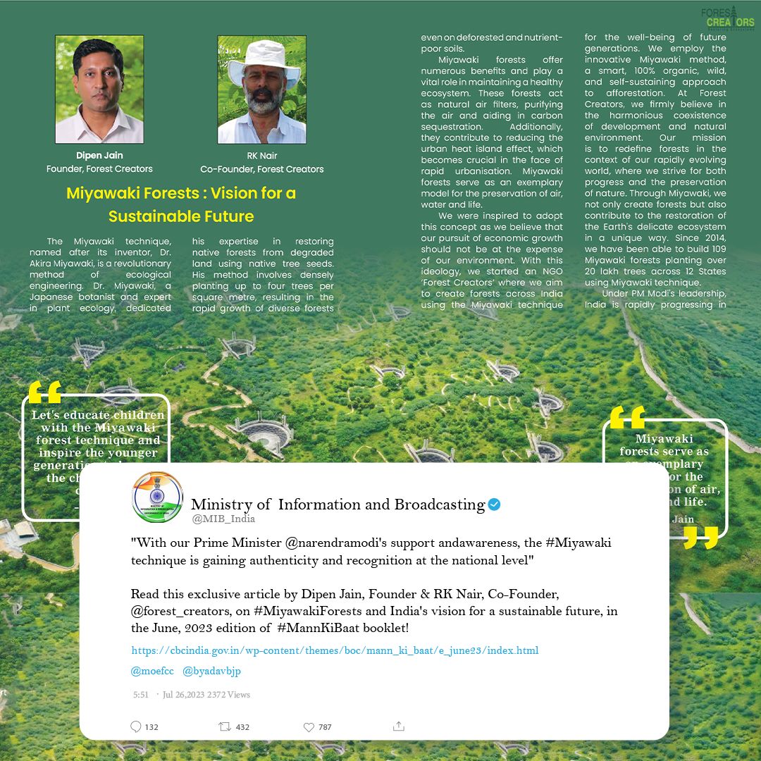 forest_creators's tweet photo. Deeply grateful for the honour in the #MannKiBaat booklet and @MIB_India's tweet, showcasing our work on #MiyawakiForests and India's sustainable vision. With unwavering support from PM Shri @narendramodi, the #Miyawaki technique gains recognition at the national level. 🇮🇳🙏 https://t.co/R9Kb10I4Aa