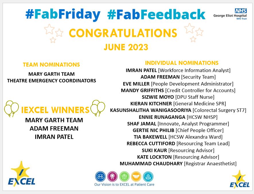 NHSFabFriday's tweet photo. #Congratulations to our #IEXCEL winners & nominees for June 2023 #StaffRecognition #Appreciation @GEHNHSnews @GEHENGAGEMENT @gertienicphilib https://t.co/NmL0mIXPLB
