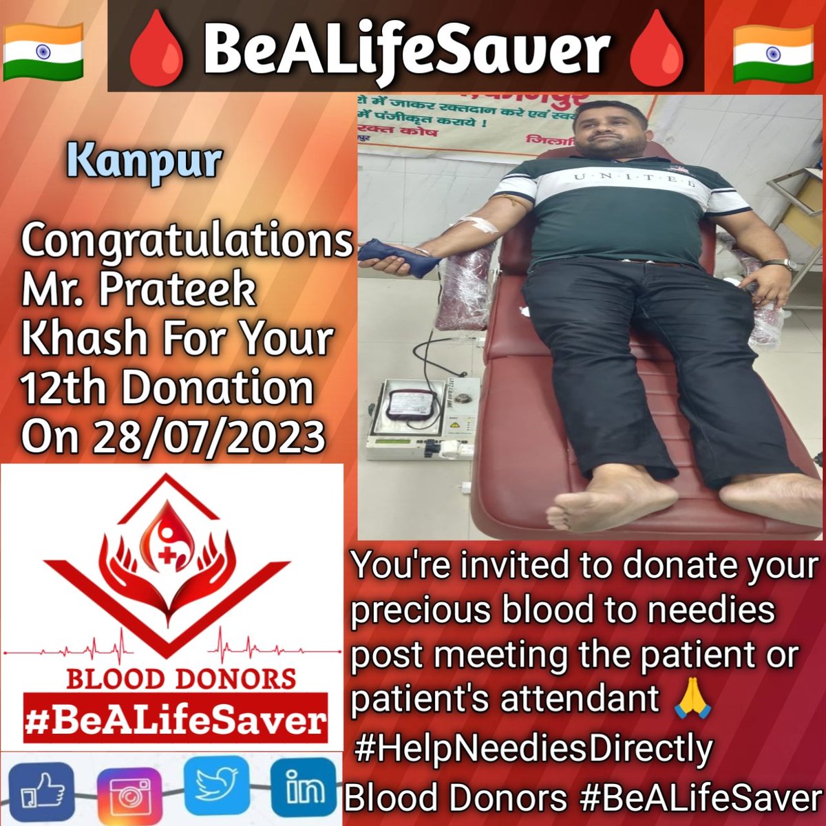 BeALifeSaver1's tweet photo. #Kanpur #BeALifeSaver
#Kudos_Mr_Prateek_Khash_Ji
#HelpNeediesDirectly

Today's hero
Mr. #Prateek_Khash Ji donated blood in #Kanpur for the #12thTime for one of the needies. #Heartfelt #Gratitude and #Respect to Prateek Khash Ji for his blood donation for Patient admitted in Kanpu https://t.co/cBff3YJeGd