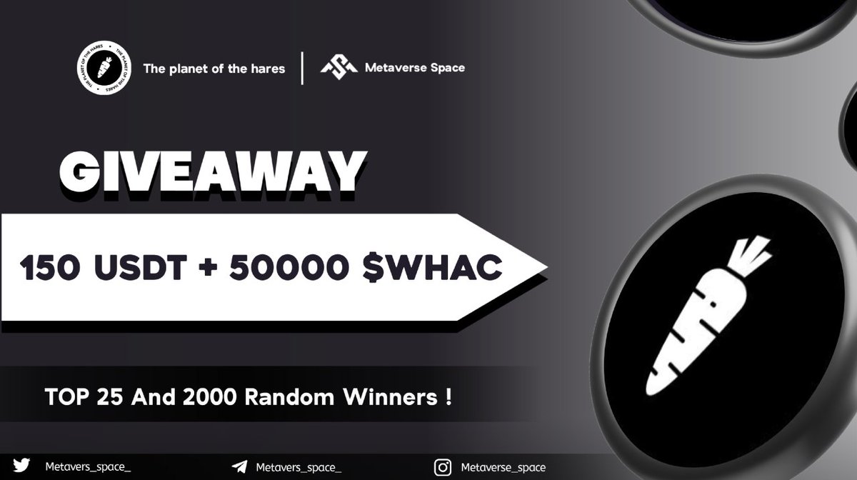 Metaverse Space (@metavers_space_) on Twitter photo 150usdt +50000 $whac tokens Airdrop 🎉
🏅Top 1-25 & Random 2000 Winners 🎉
To Enter ⤵️
✅ Follow <a href="/0xhares/">Planet Hares | Staking Launch</a>
✅ Like Rt/Tag 2 Frnds
✅complete all task gleam.io/TIvHn/0xhares
5 day⏳
#bigairdrop #Giveaway #Tokengiveway #airdrop #airdroptoken #Airdrops #Token 150usdt +50000 $whac tokens Airdrop 🎉
🏅Top 1-25 & Random 2000 Winners 🎉
To Enter ⤵️
✅ Follow <a href="/0xhares/">Planet Hares | Staking Launch</a>
✅ Like Rt/Tag 2 Frnds
✅complete all task gleam.io/TIvHn/0xhares
5 day⏳
#bigairdrop #Giveaway #Tokengiveway #airdrop #airdroptoken #Airdrops #Token