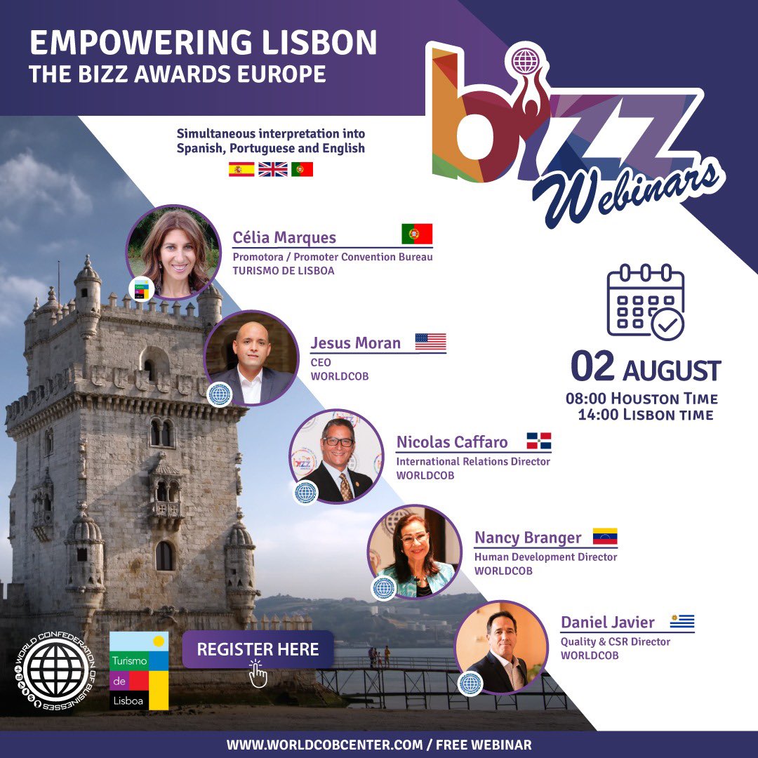 WORLDCOB's tweet photo. 🥳We invite you to participate in our new BIZZ Webinar "Empowering Lisbon: THE BIZZ AWARDS EUROPE to be held on August 02 we want to promote Lisbon to people interested in traveling and enjoying this great tourist destination.

👉🏻Register for free here ->  https://t.co/lcMiSoiP4q https://t.co/sGsRiL3QQA