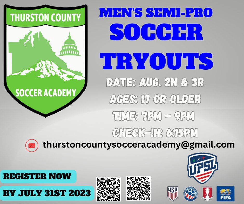 Thurston County Soccer Academy (@tcsocceracademy) on Twitter photo Fall 2023 UPSL Pacific Northwest Soccer Tryouts
August 2n & 3r, 2023
Men's Open Semi-Pro Tryouts
<a href="/TCSoccerAcademy/">Thurston County Soccer Academy</a>
<a href="/TacomaCCTitans/">Tacoma CC Athletics</a> <a href="/spscc_athletics/">SPSCC Athletics</a> <a href="/thenewstribune/">Tacoma News Tribune</a> <a href="/OlyPenForce/">OlyPen Force</a> <a href="/olympiajournal/">Olympia Journal</a> <a href="/UPSLsoccer/">UPSL</a>
#Olympiawa <a href="/soccer/">Soccer</a> <a href="/T90MensSoccer/">Tenino Mens Soccer</a> <a href="/HaitiSoccer/">Haiti Soccer</a> #Laceywa #semiprosoccer Fall 2023 UPSL Pacific Northwest Soccer Tryouts
August 2n & 3r, 2023
Men's Open Semi-Pro Tryouts
<a href="/TCSoccerAcademy/">Thurston County Soccer Academy</a>
<a href="/TacomaCCTitans/">Tacoma CC Athletics</a> <a href="/spscc_athletics/">SPSCC Athletics</a> <a href="/thenewstribune/">Tacoma News Tribune</a> <a href="/OlyPenForce/">OlyPen Force</a> <a href="/olympiajournal/">Olympia Journal</a> <a href="/UPSLsoccer/">UPSL</a>
#Olympiawa <a href="/soccer/">Soccer</a> <a href="/T90MensSoccer/">Tenino Mens Soccer</a> <a href="/HaitiSoccer/">Haiti Soccer</a> #Laceywa #semiprosoccer