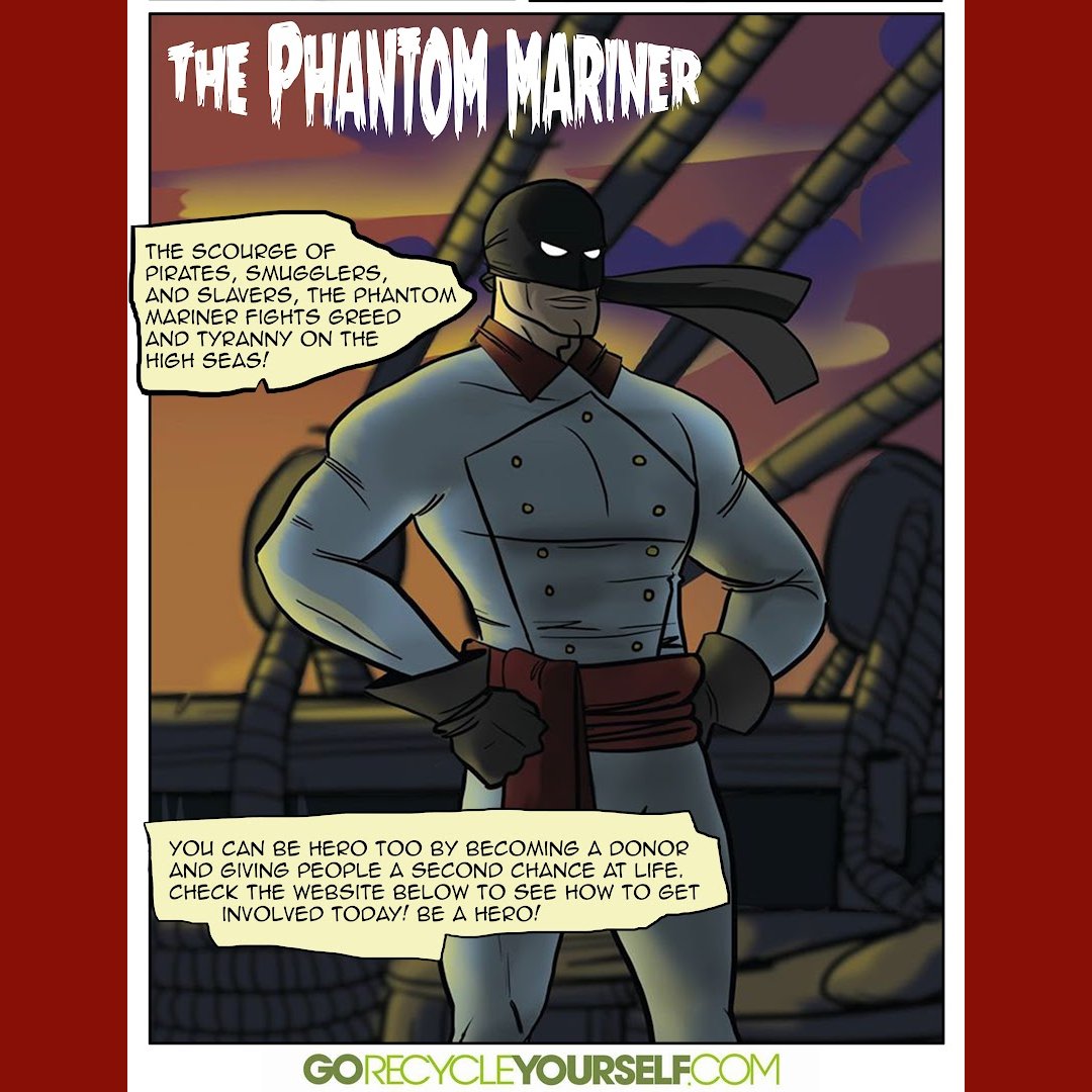 gorecycleyrslf's tweet photo. #FlashbackFriday to 2014, when a very talented intern named Byron Mosley (2nd pic) created a comic for #DenverComicCon. His character, The Phantom Mariner, had his life saved by donated organs & encouraged comic readers to become heroes, too, by registering as donors. โป #BeAHero https://t.co/gnq08CQ7da