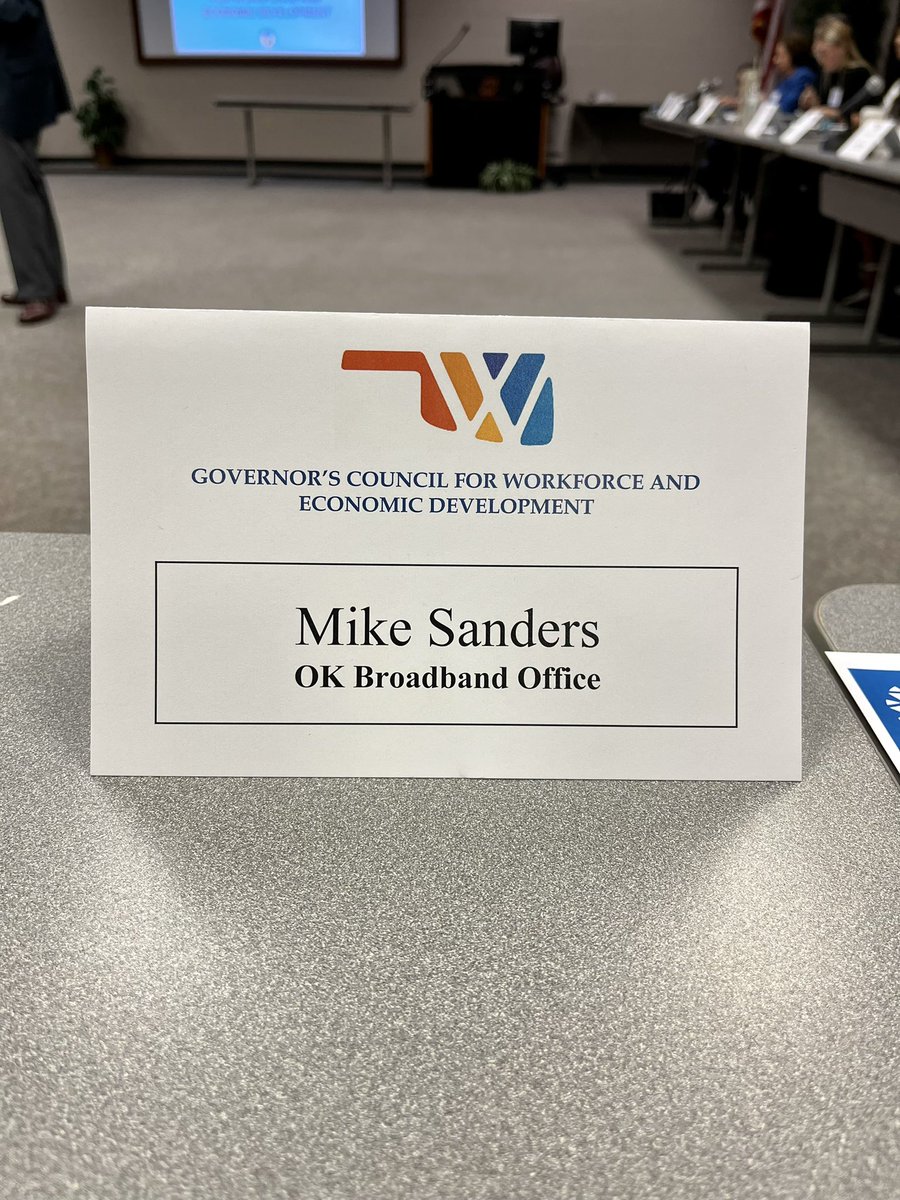 OK_Broadband's tweet photo. Director Sanders spoke with the Governor’s Council for Workforce and Economic Development this morning, detailing the significant workforce challenges posed by unprecedented levels of broadband investment and how the Office is raising awareness.

#workforcedevelopment #fibertechs https://t.co/lz4O3Gf1zb