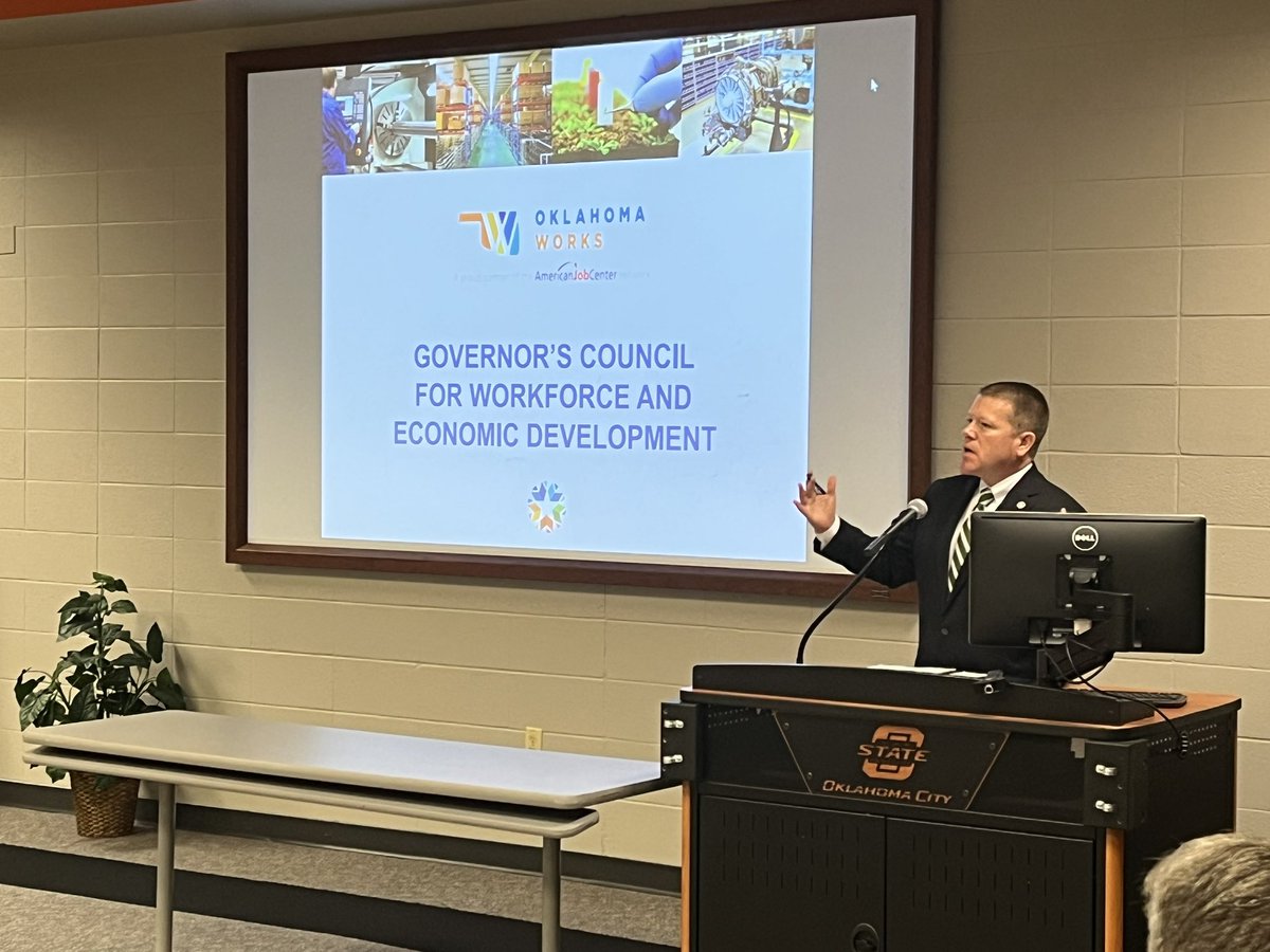OK_Broadband's tweet photo. Director Sanders spoke with the Governor’s Council for Workforce and Economic Development this morning, detailing the significant workforce challenges posed by unprecedented levels of broadband investment and how the Office is raising awareness.

#workforcedevelopment #fibertechs https://t.co/lz4O3Gf1zb