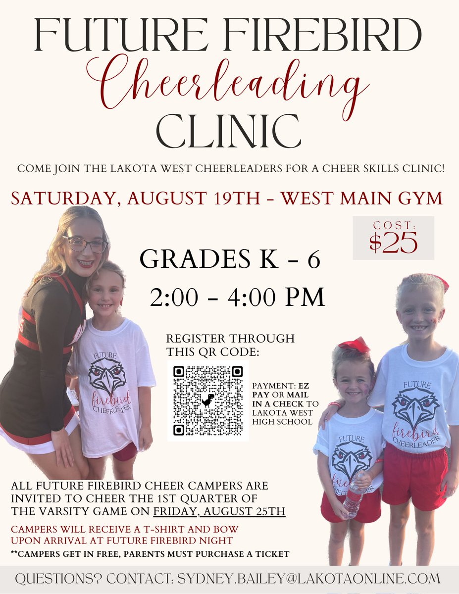 LWHS_Cheer's tweet photo. grades K-6, come join us for a cheer clinic!! learn chants, cheers, a dance, and have fun with our West Cheerleaders 🥰 https://t.co/26aG1qjr8u