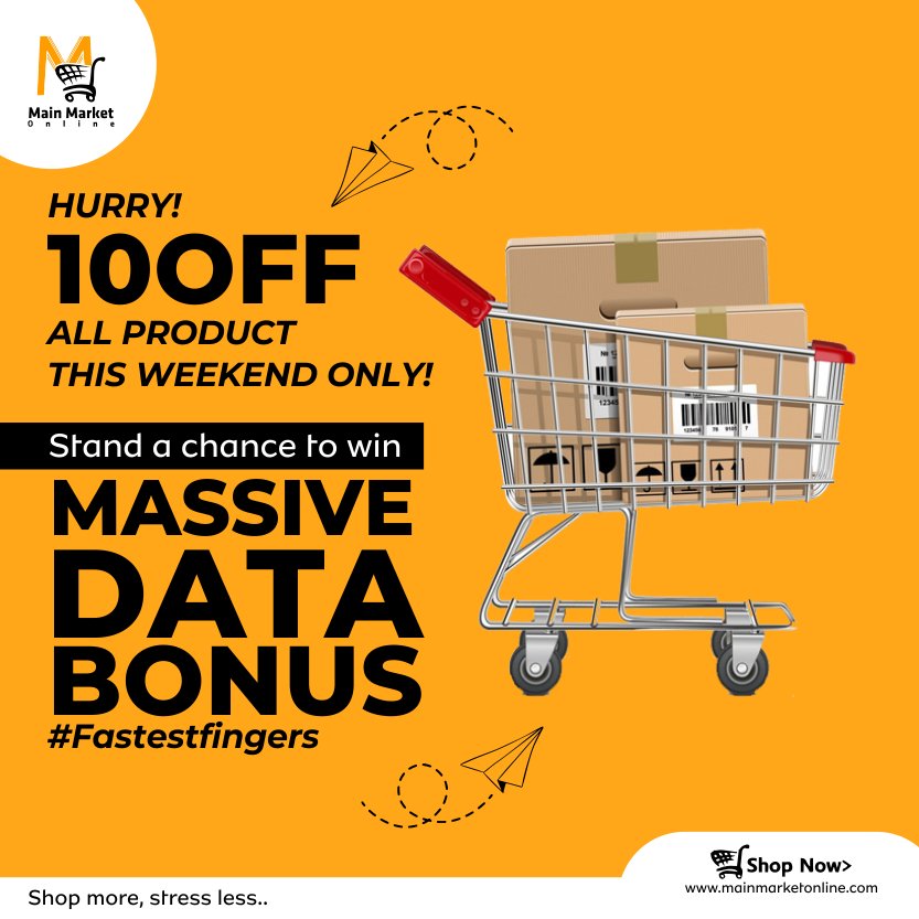 MainMarket's tweet photo. Hurry! 10% OFF on all products this weekend only!
Plus, stand a chance to win massive data bonuses with our exciting giveaway. Don't miss out on this double treat at MainMarketOnline.
#WeekendSale #MMO #MMOGiveaways #MainMarketOnline #ShopNow https://t.co/7Z9Awa83Fd
