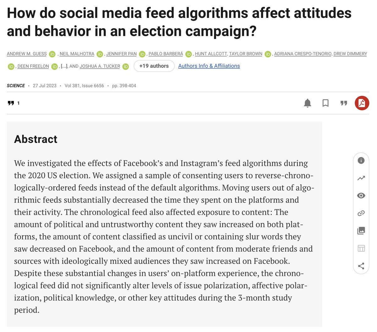 Very excited to share that yesterday we published the first four papers from the U.S. 2020 Facebook &amp; Instagram Election Study in <a href="/ScienceMagazine/">Science Magazine</a> &amp; <a href="/Nature/">nature</a> yesterday. A brief 🧵👇 with lots of links to great summaries from the papers' lead authors
1/12