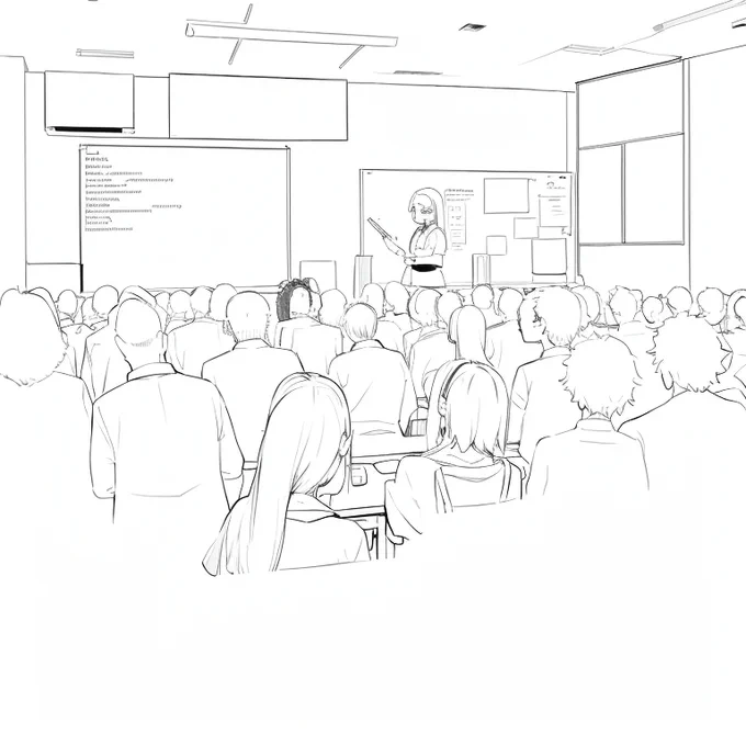 授業風景(AI生成による線画)

白紙i2i法にControlnetのscribbleを併用。なお、元絵は右のラクガキ。 