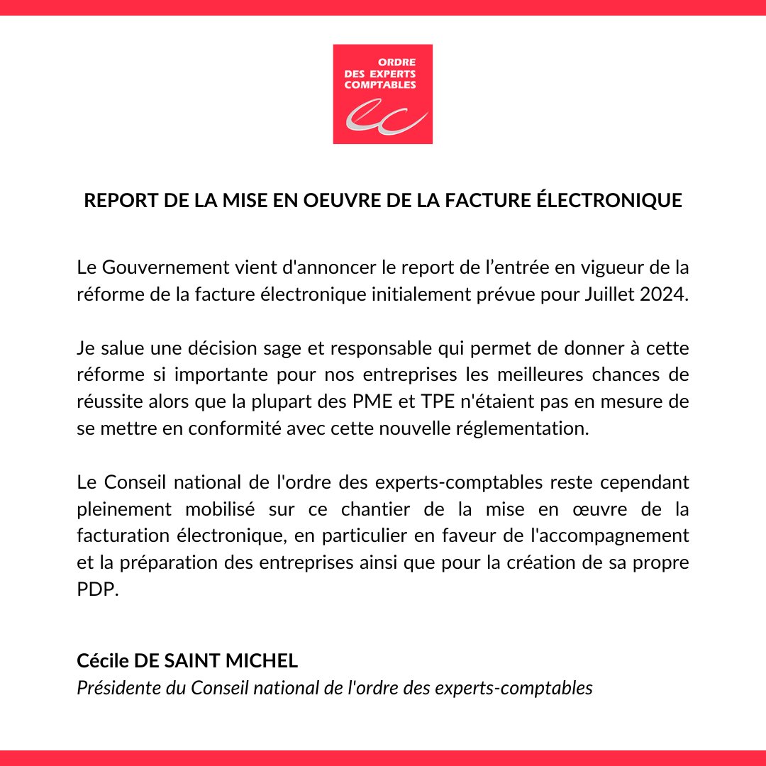🔴Le Gouvernement annonce le report de l’entrée en vigueur de la #FactureÉlectronique.

Je salue une décision sage et responsable qui renforce les chances de réussite de cette réforme clé pour nos entreprises. 

#Facturelectronique #Expertscomptables #dématérialisation