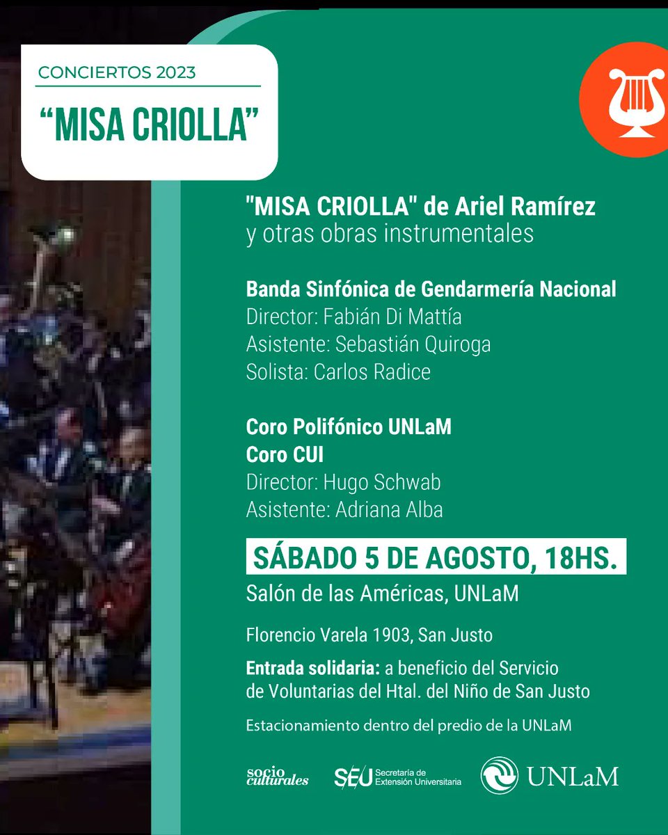 ConciertosUnlam's tweet photo. La MISA CRIOLLA del próximo 5/8 a las 18 h en la UNLaM será muy especial porque contará con Coreografía e interpretación de Teresita Campana
Para no perdérsela!!!
#misacriolla
#arielramirez
#Danza
#orquesta
#unlam
#corosunlam
#corocui
@CUI_oficial https://t.co/OfjFMZCtrR