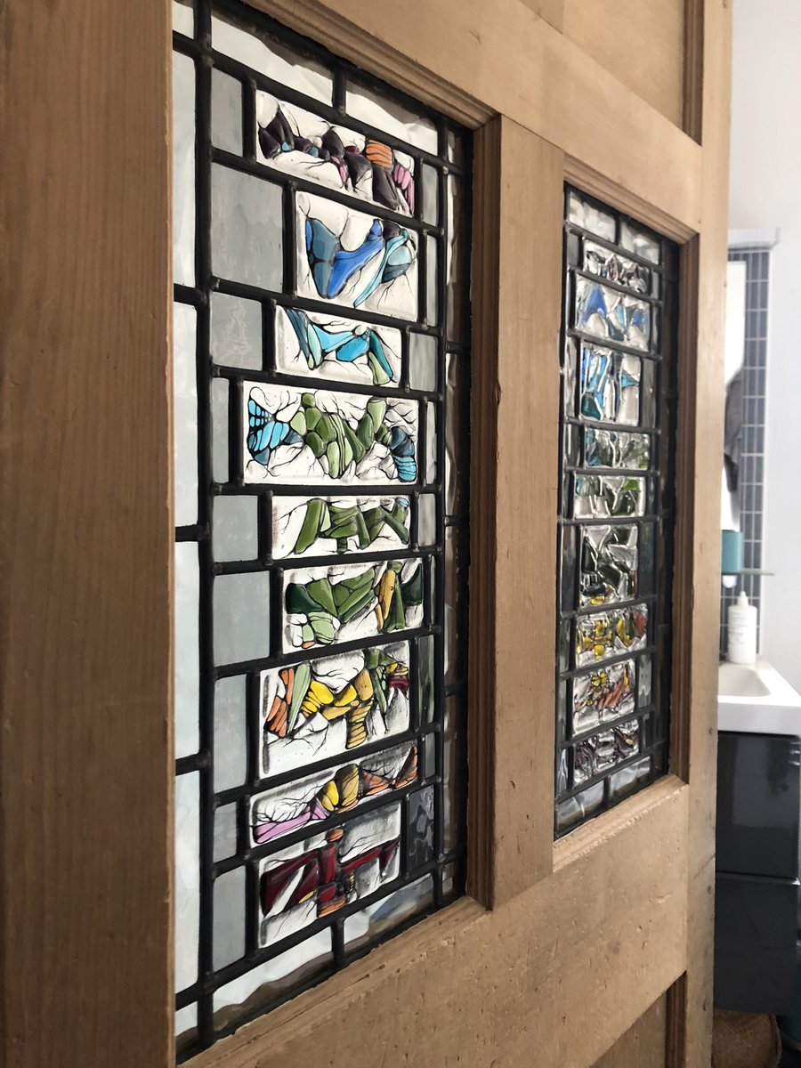 Splash of colour to the bathroom. Very pleased to see this installed. #leadedglass #stainedglass #warmglass #fusedglass #traditionalglasspainting #biggarglassworks #stephaniewhatley #modernglass