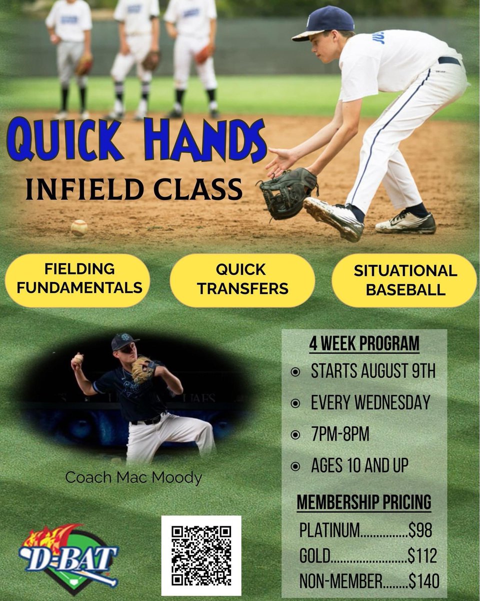 ⚾ ATTENTION INFIELDERS!!!!
The off-season is the time to polish your skills, and we have an excellent class with Coach Mac that will guarantee to make you a better infielder.
We'll teach quick hands, quick transfers, turning 2, and so much more! All infield positions are needed