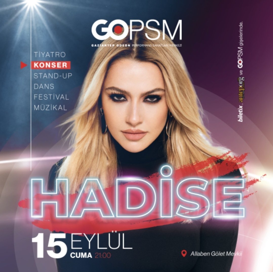 DagdevirenGuney's tweet photo. Bölgenin En Büyük Çok Amaçlı Sahnesi GOPSM - Gaziantep Odeon Performans Sanatları Merkezi, @Hadise konseri ile açılıyor. Biletler Biletix’te ve AntepOrg’ta. 
#biletix #anteporg

Link bio’da…
https://t.co/7YUQmYWIVe https://t.co/l1oKFwpxPb