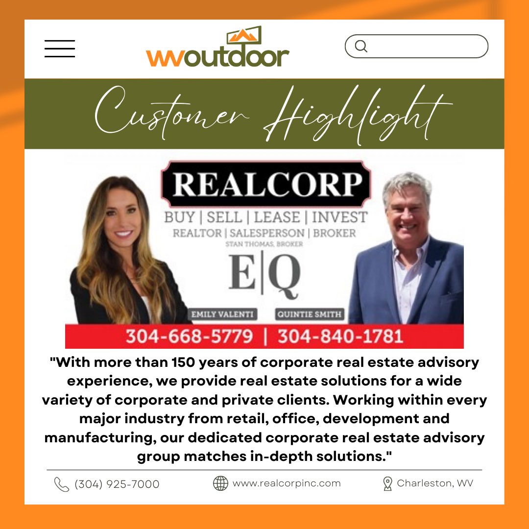 WV_Outdoor's tweet photo. ✨ Customer Highlight ✨

🏡 RealCorp 🏢

For all your commercial and private real estate needs. Call any of their professional team members today! 

Check them out here! ➡️ https://t.co/jg2CanNVDk 

#Beseen with #WVOutdoor https://t.co/Ew4eDh1fz8