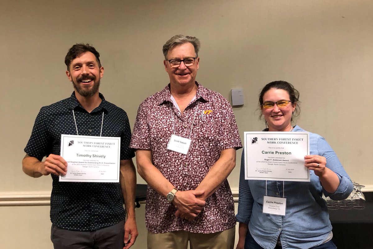 Congrats to two of our students who won awards at the Southern Forest Insect Work Conference! 🎊

Carrie Preston earned an award for outstanding contributions to forest entomology by a graduate student, and Tim Shively won an award for an outstanding Ph.D. research presentation!