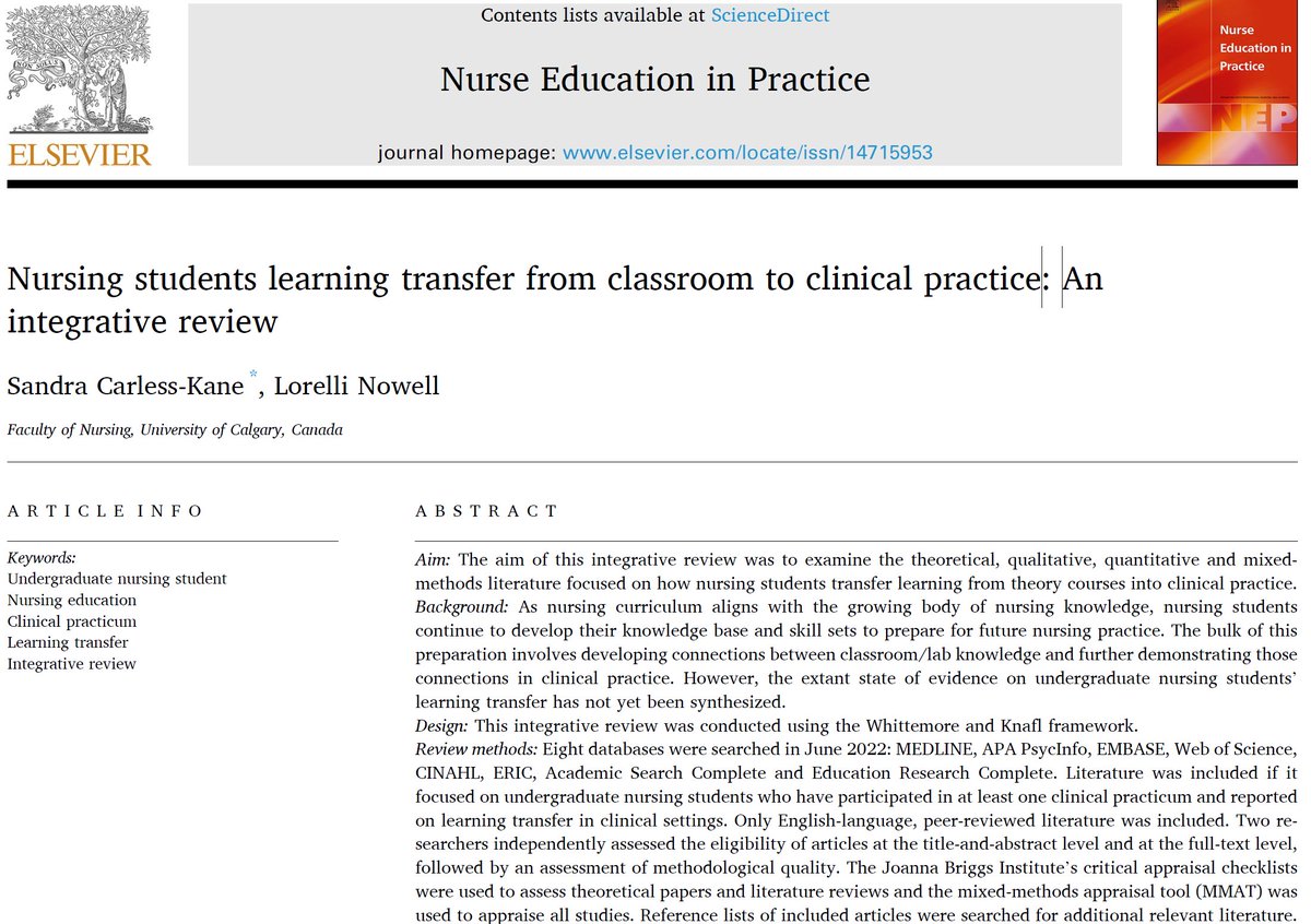 A must read for nursing educators looking to understand the factors that hinder and promote nursing students learning transfer from classroom to clinical practice. Published in @NurseEdinPrac and led by <a href="/ucalgarynursing/">UCalgary Nursing</a> graduate student Sandra Carless
authors.elsevier.com/c/1hUp~5EcXyUm…