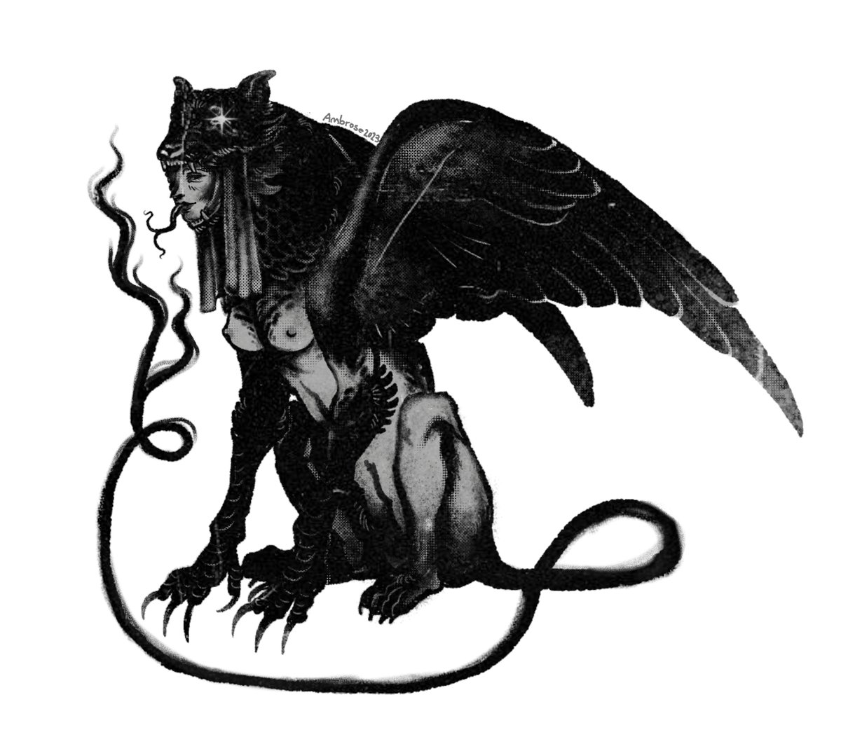 SleepyLichen's tweet photo. I've been experimenting with different styles lately, trying to capture how I imagine crunchy dungeon synth would look. This sphynx is the first of my experiments, and I'm rather pleased with the result https://t.co/sTiFgPMbY6