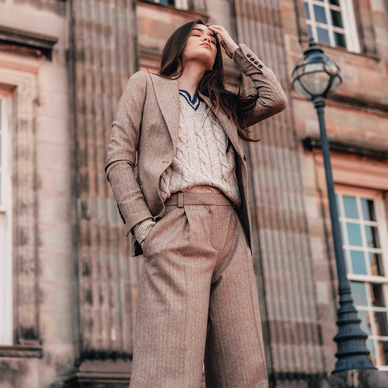 Knitwear and suiting, a playful pairing that blends sartorial tradition and contemporary style. #walkerslater #countrycollection #womenssuiting #knitwear #tweed #classicstyle