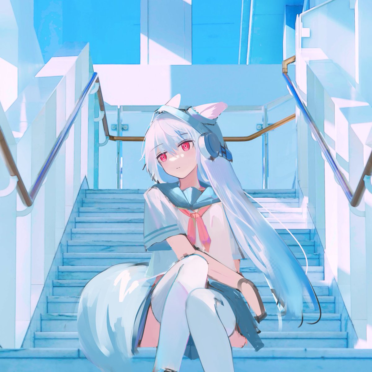 1girl solo animal ears sitting on stairs sitting stairs school uniform  illustration images
