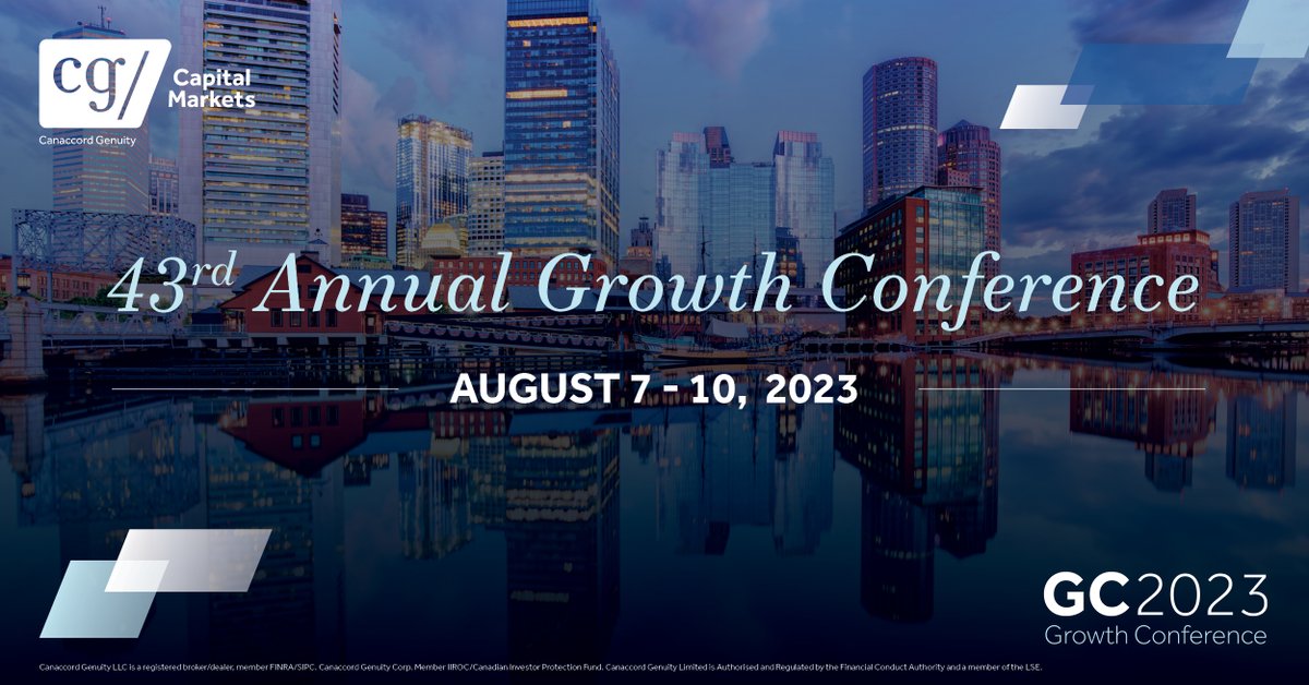 We're attending Canaccord Genuity’s 43rd Annual Growth Conference on 8/7-10 in Boston. The conference brings together institutional investors from across the globe with some of the most promising growth companies in CG’s core sectors. We hope to see you there! #CGDriven #GC2023