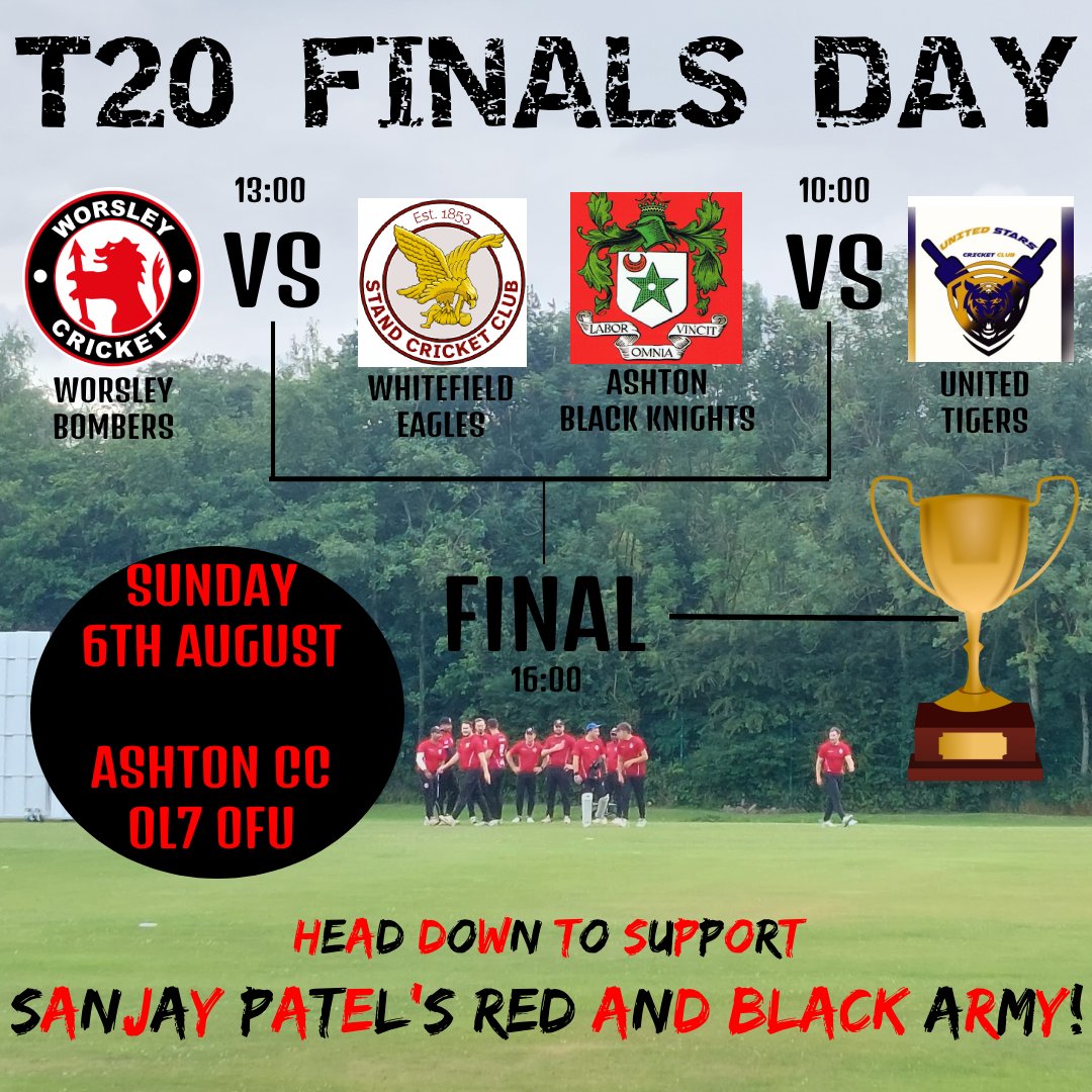 WorsleyCC's tweet photo. THE BOMBERS HAVE REACHED T20 FINALS DAY💣🤩

Sanjay Patel's Red and Black Army reached the T20 semi-finals and will compete for a spot in the final next Sunday at Ashton CC at 13:00⚫️🔴

The final will then be played at 16:00🏏

Make sure to come down and support the Bombers💣 https://t.co/v1D7CMlwZR
