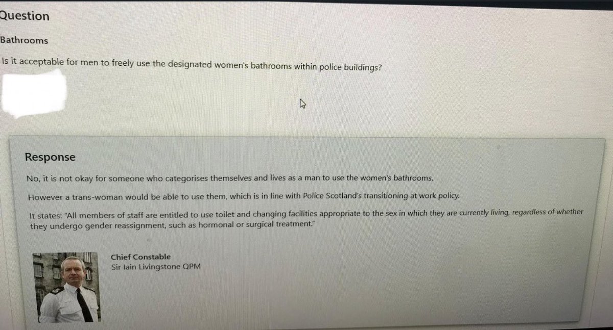 Police Scotland say it is fine for any male who “lives as a woman” to use the women’s facilities in his police stations… 

Just announce you are a female, walk right into the Ladies,  and get your nob out with utter impunity.  @CC_Livingstone
