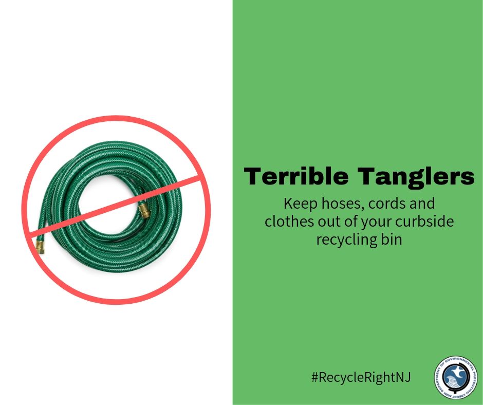 HCIAonline's tweet photo. #HCIARecyclesFridays Remember to keep hoses, cords and clothes out of your curbside recycling bin. These terrible tanglers jam recycling machinery grinding operations to a halt. #TerribleTanglers #RecycleRightNJ https://t.co/Azsg63UGD5
