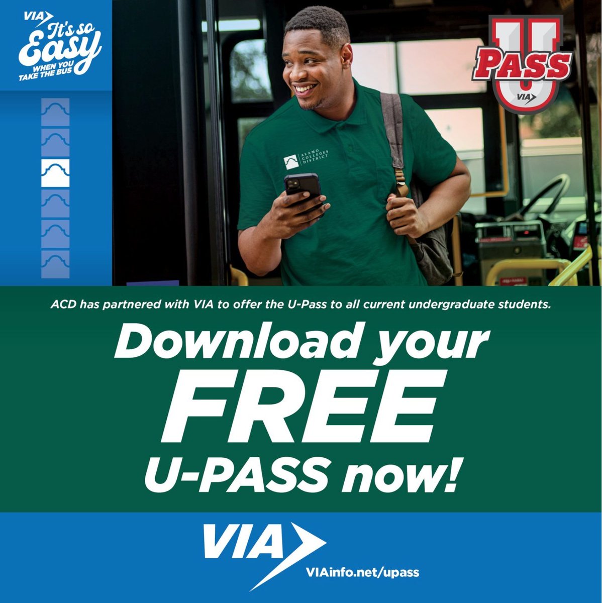 SAC_PR's tweet photo. Campus commute just got easier with U-PASS! We've partnered with @VIA_Transit Students, faculty, and staff get unlimited bus service in the VIA service area. Learn more at https://t.co/pFry0lYNI0. #VIA #UPASS #CommunityCollege #RideVIA #KeepSAmoving #SACproud #SanAntonioCollege. https://t.co/WhVi2fKIjJ