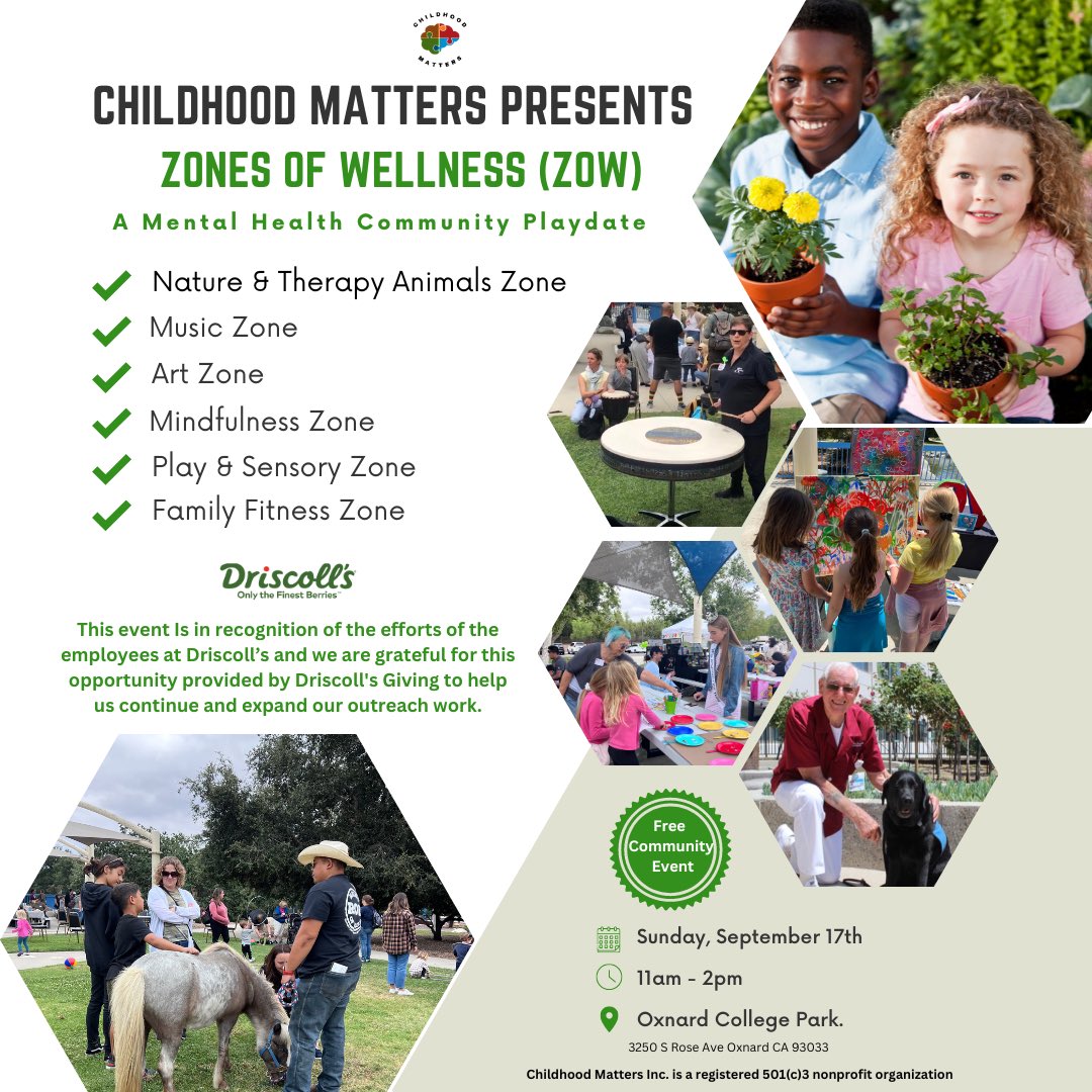 🌟 Calling all kind-hearted sponsors! 🌟
Help us make a positive impact in the community at Childhood Matters' upcoming event, Zones of Wellness (ZOW) on September 17th at the Oxnard College Park.
Link in bio 
#ZonesOfWellness #CommunityWellBeing  #EventSponsorship
#conejovalley